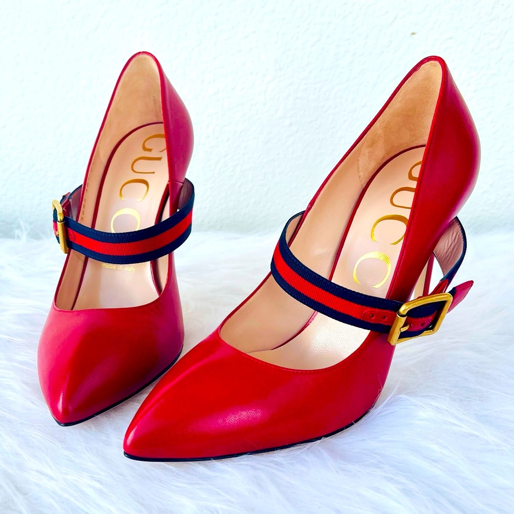 New! GUCCI “Mary Jane” inspired
RED Leather Sylvie Web Strap Heels Size 38.5 - Picture 4 of 14